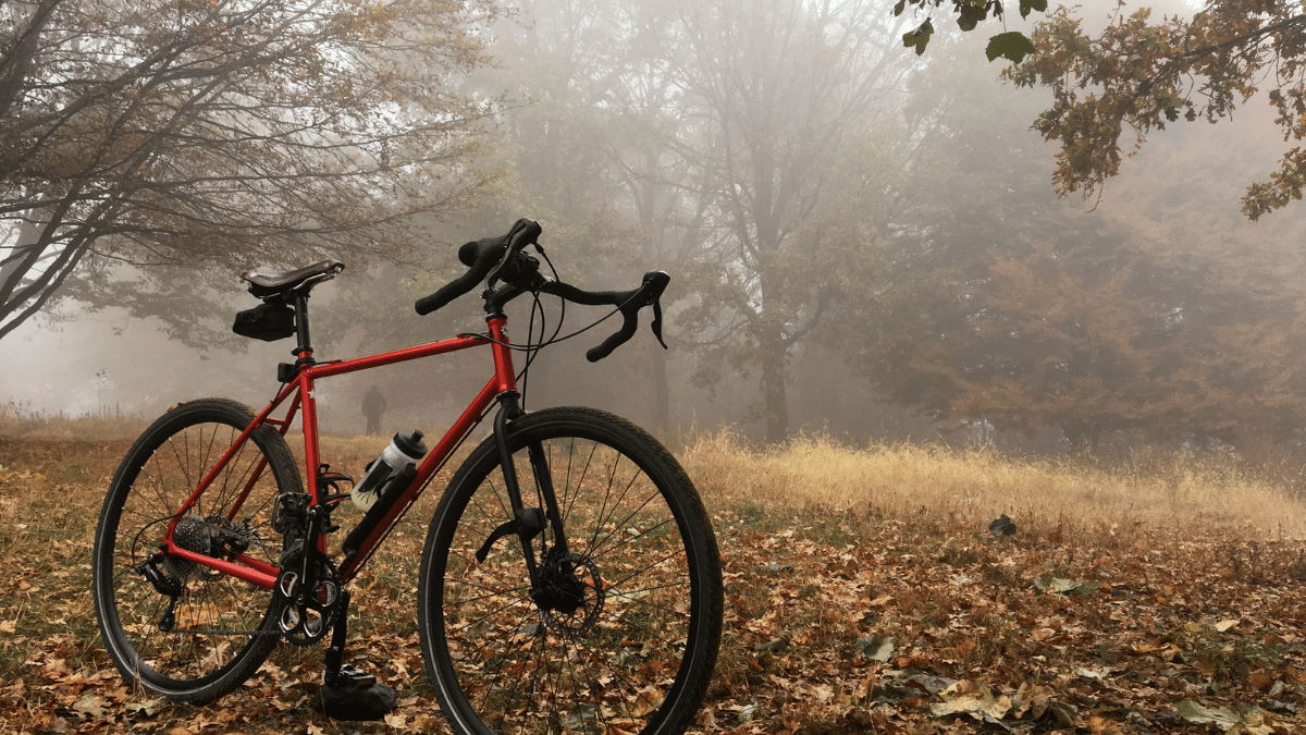 vélo gravel électrique rouge dans une forêt