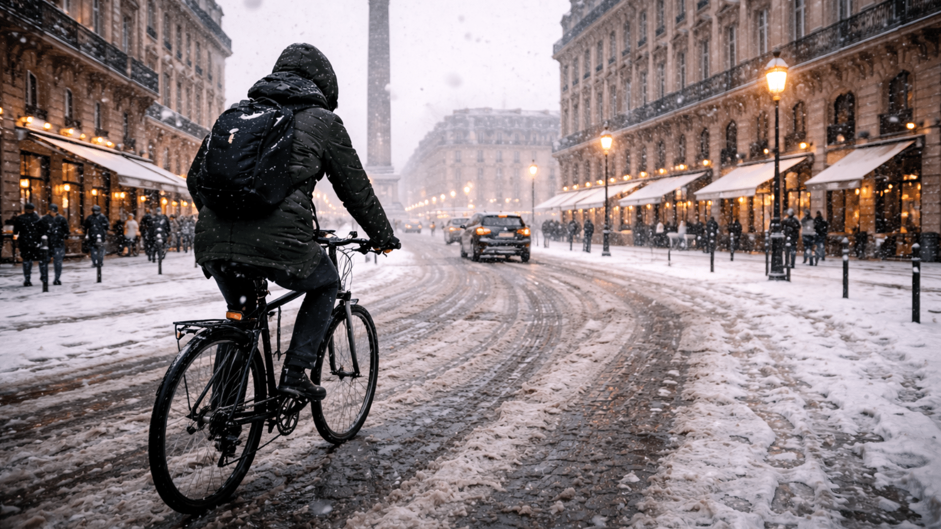 Cycliste roulant prudemment sur une route enneigée en adaptant sa conduite et son freinage