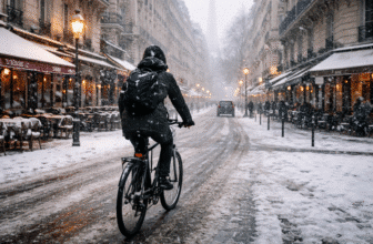 Cycliste roulant prudemment dans une rue parisienne enneigée, chaussée glissante et visibilité réduite.