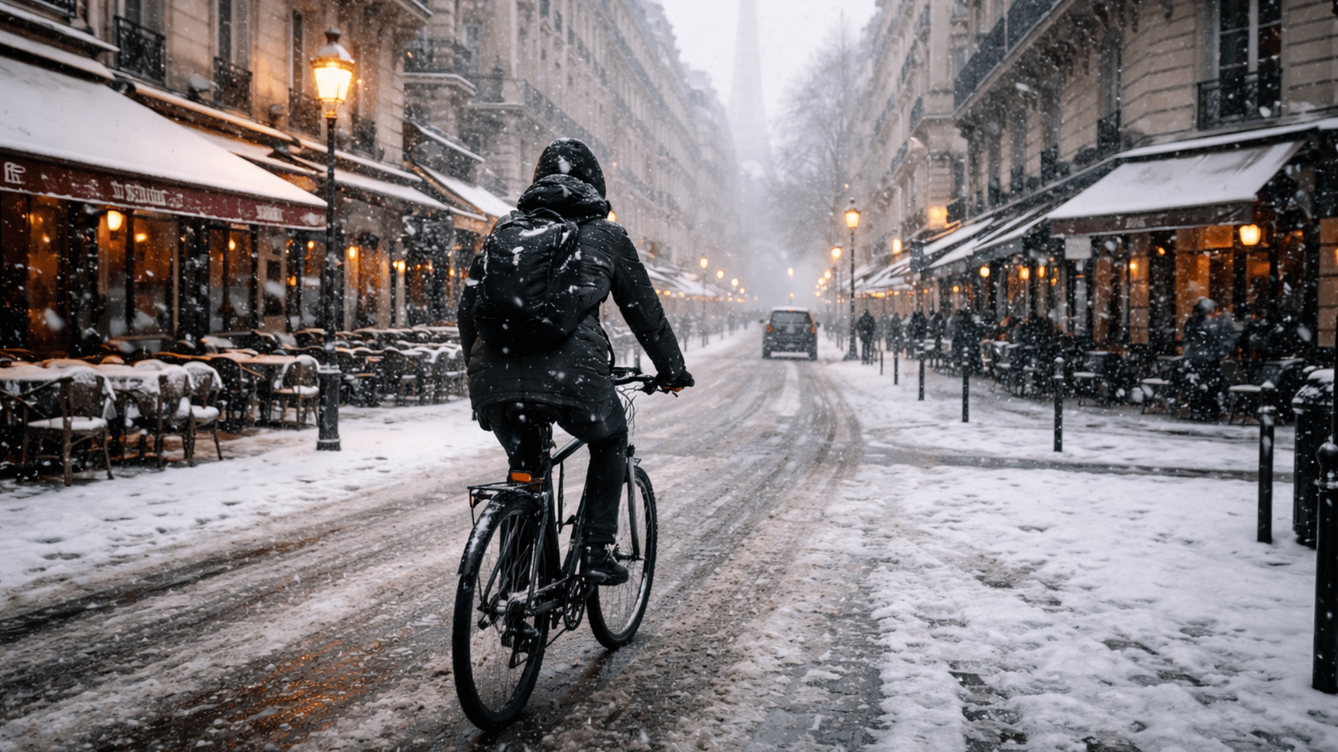 Cycliste roulant prudemment dans une rue parisienne enneigée, chaussée glissante et visibilité réduite.