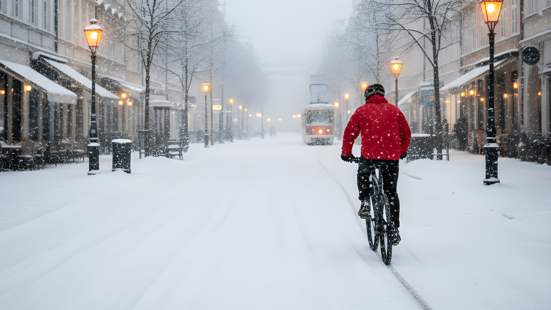 Cycliste équipé de vêtements d’hiver, gants et protection imperméable par temps neigeux.