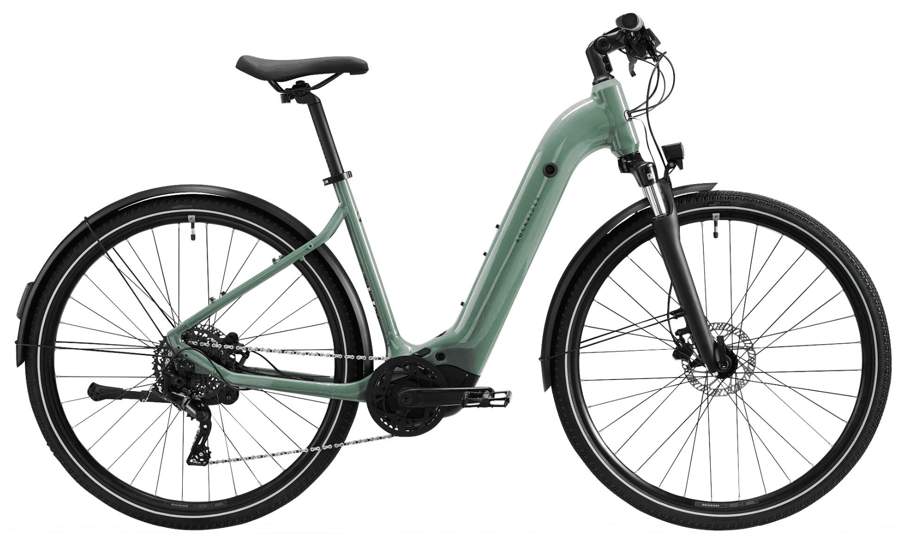 VTC électrique Rockrider E-ACTV 500 vert à cadre haut et moteur central