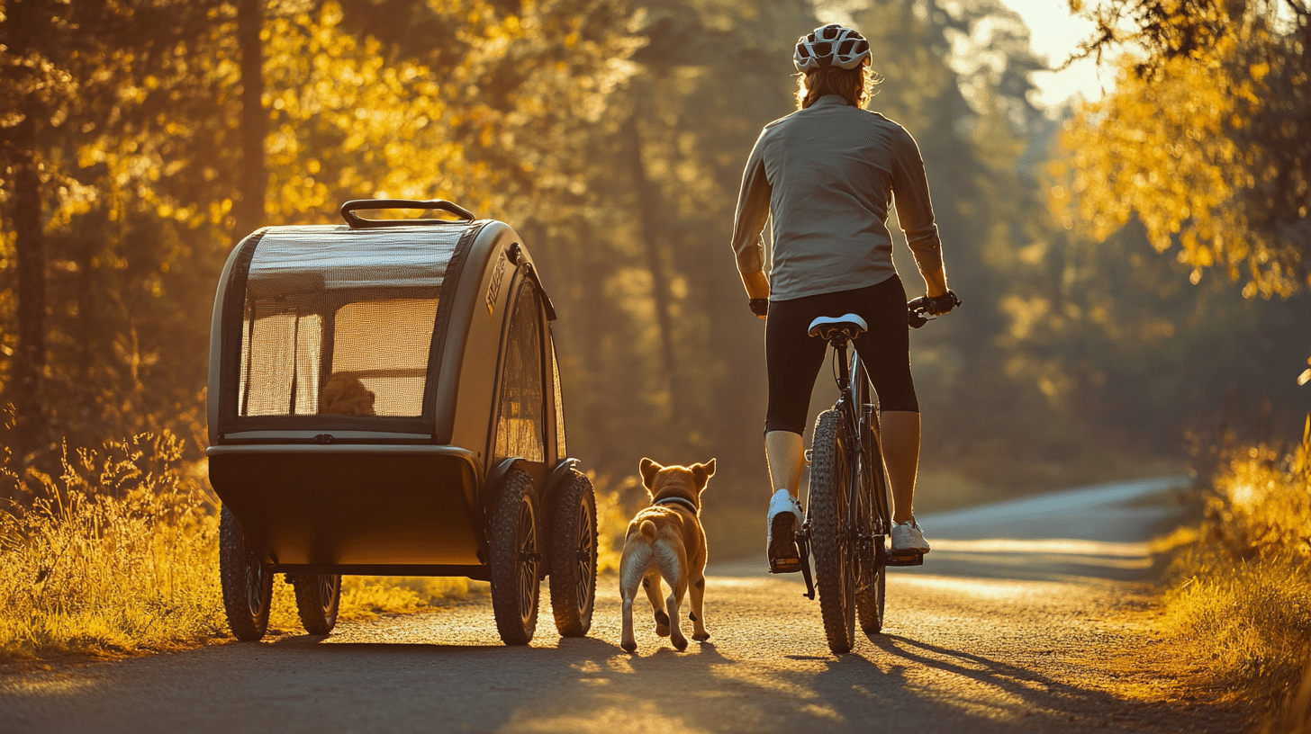 Femme sur un vélo avec une remorque pour chien