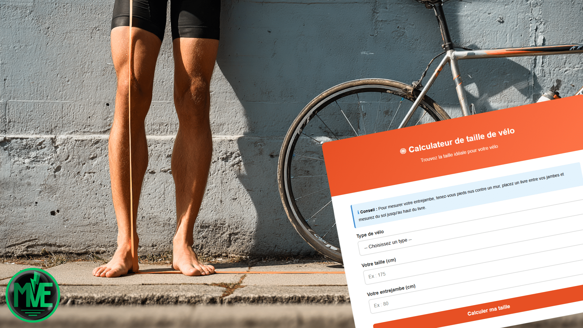 Un homme qui prend son entrejambes en mesure avec le sol pour connnaitre la taille de son vélo
