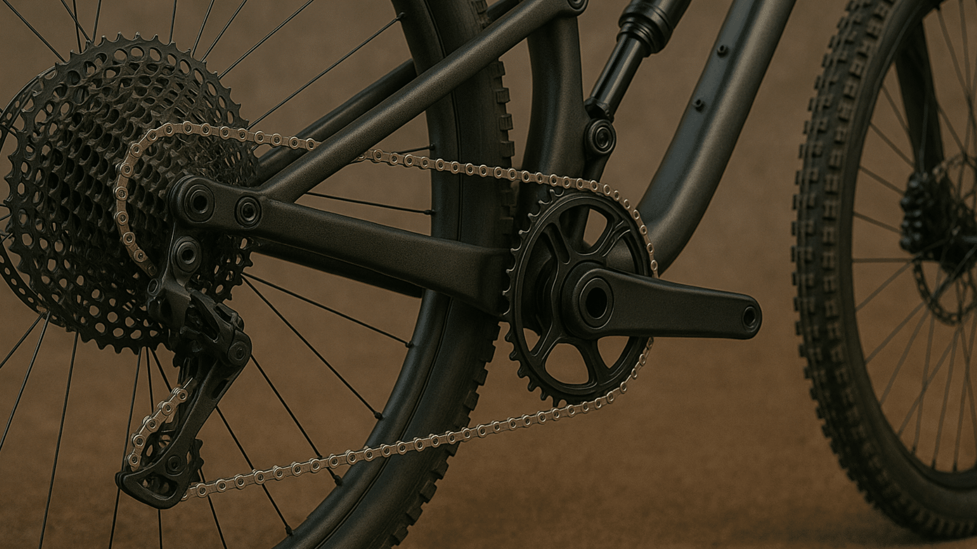 Transmission VTT haut de gamme avec technologie Ochain intégrée sur un vélo SRAM, vue détaillée du pédalier et de la roue arrière.