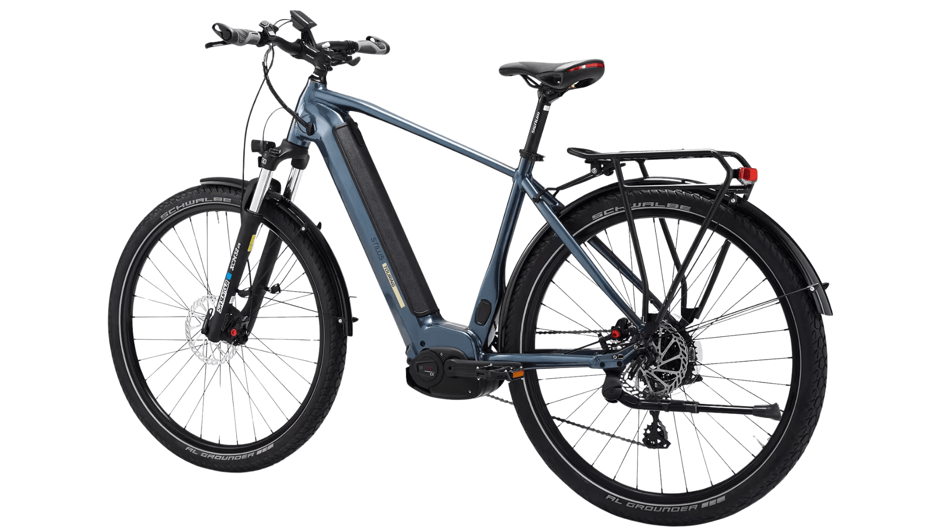 Vélo électrique Stilus E-Touring Decathlon avec moteur Bosch central, batterie intégrée et porte-bagages arrière