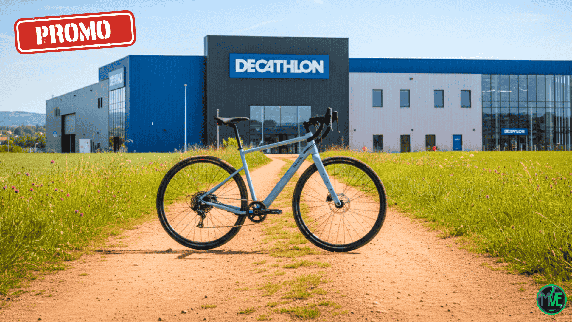 Gravel électrique Van Rysel E-GRVL AF HD posé sur un chemin, devant un magasin Decathlon, coloris bleu.