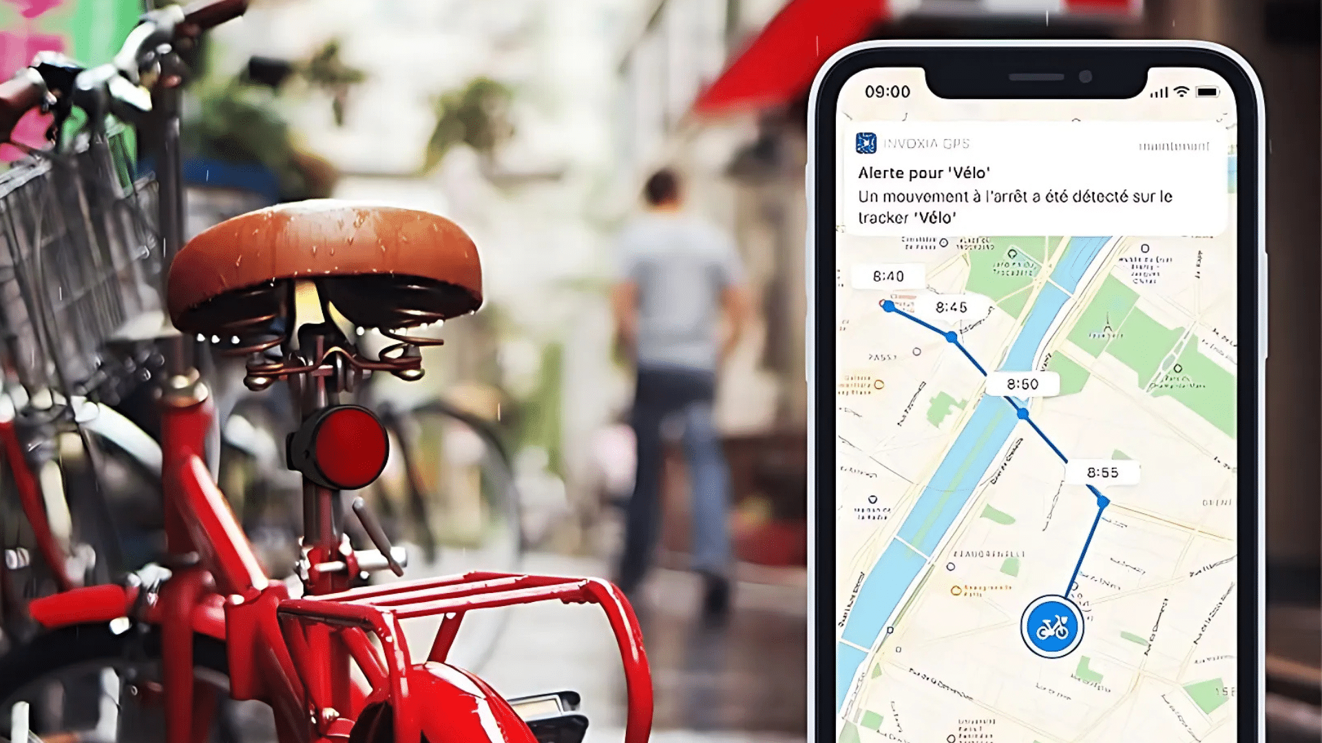 Bike Tracker Invoxia dissimulé sous la selle avec réseau bas débit pour géolocalisation