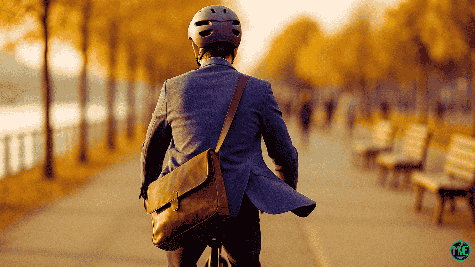 Salarié à vélo, casque et sacoche, sur une allée arborée au bord de l’eau — illustration du leasing vélo en entreprise