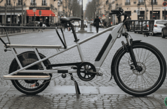 Vélo cargo électrique longtail Decathlon R500E avec panier avant, à l’arrêt en ville