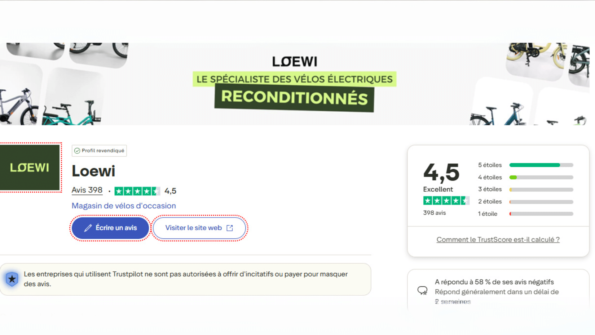 Avis clients Trustpilot sur Loewi, plateforme de vélos électriques reconditionnés avec une note moyenne de 4,5 sur 5.