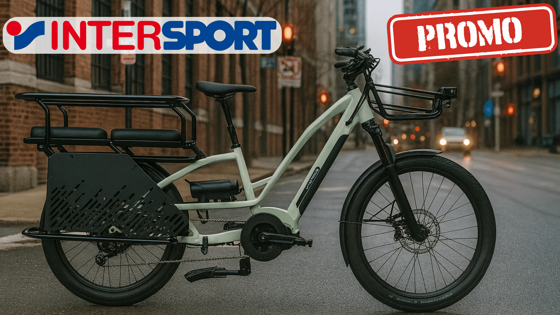 Nakamura Crossover Longtail Pistachio en promotion à 2699,99 € chez Intersport, vélo cargo électrique avec double batterie et grande capacité de charge