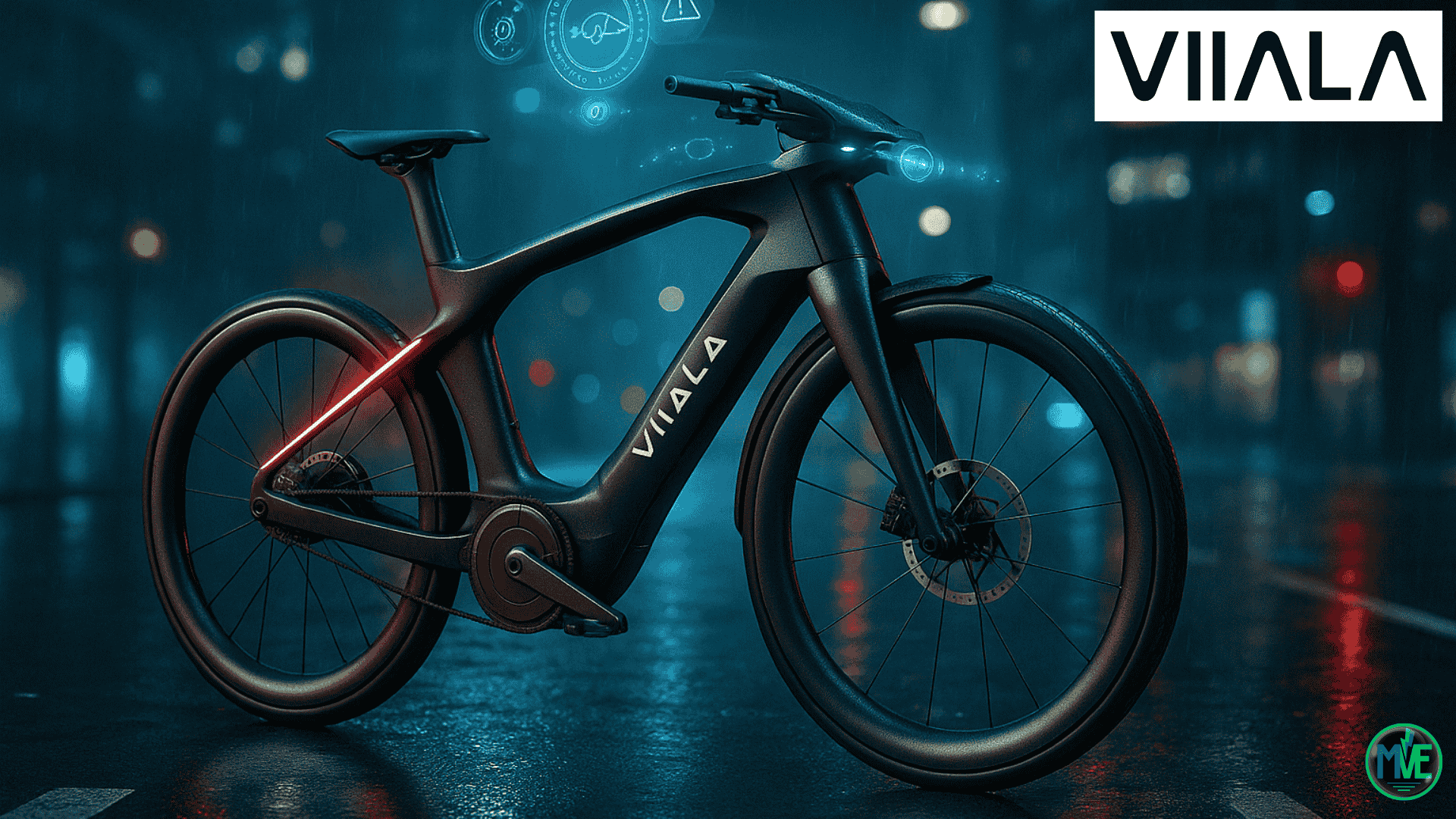 Concept d’hyperbike Viiala : vélo électrique noir à cadre monocoque, cockpit intégré et feux LED, de nuit sur une rue mouillée en ville.