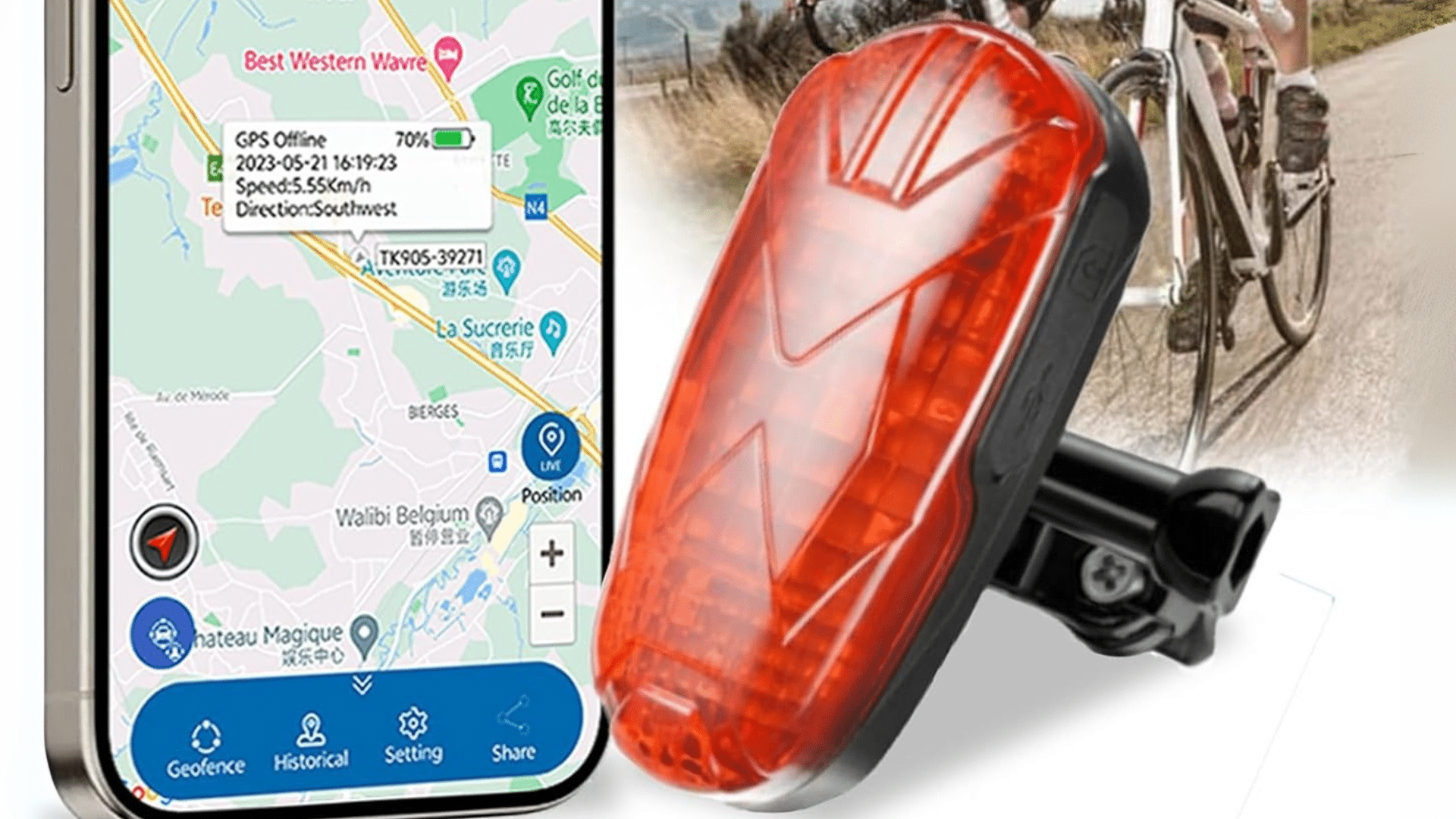 Zeerkeer TK906 traceur GPS vélo dissimulé dans un feu arrière étanche