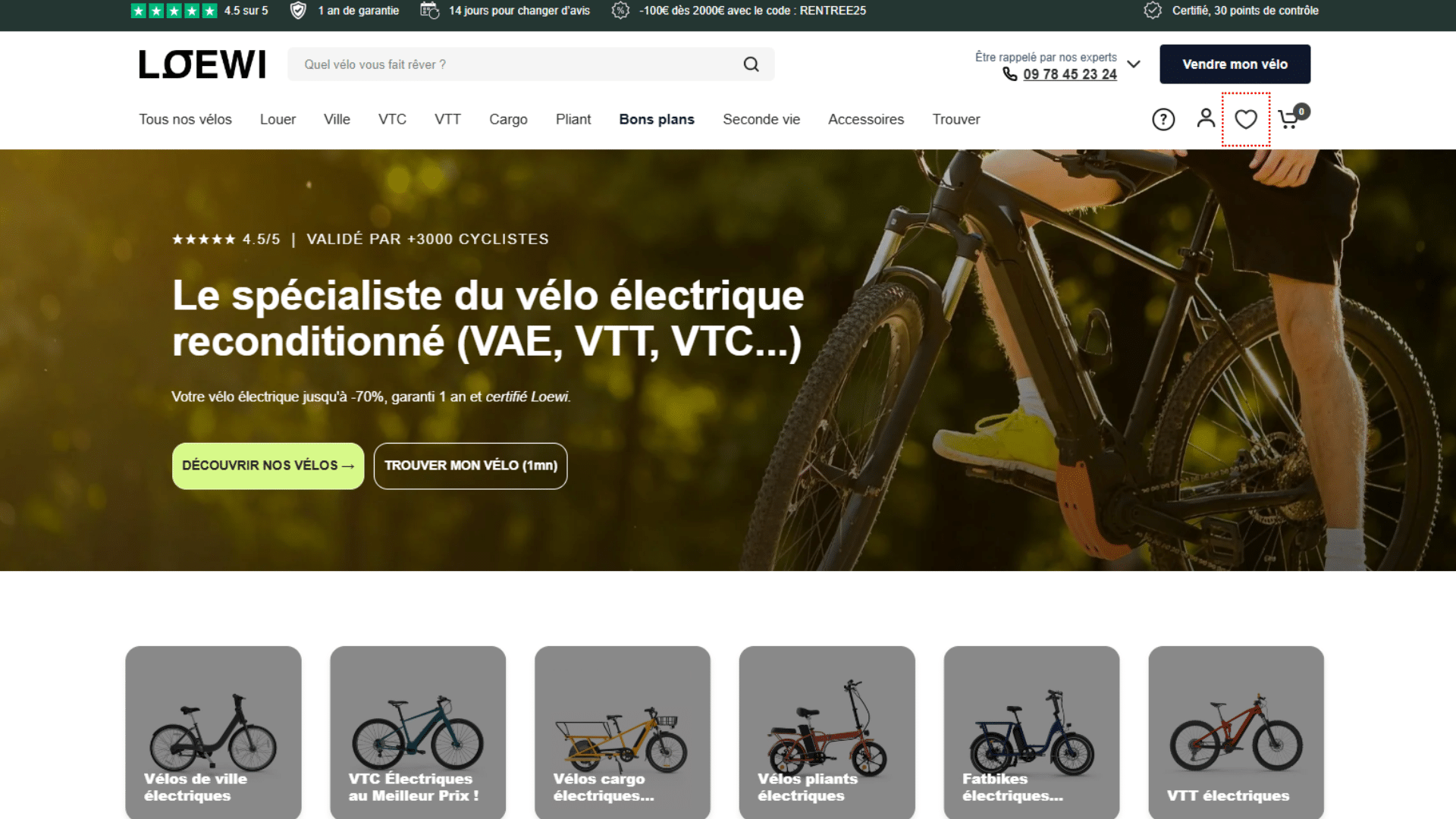 Interface du site Loewi.fr avec fiches produits détaillées et photos réelles de vélos électriques reconditionnés.