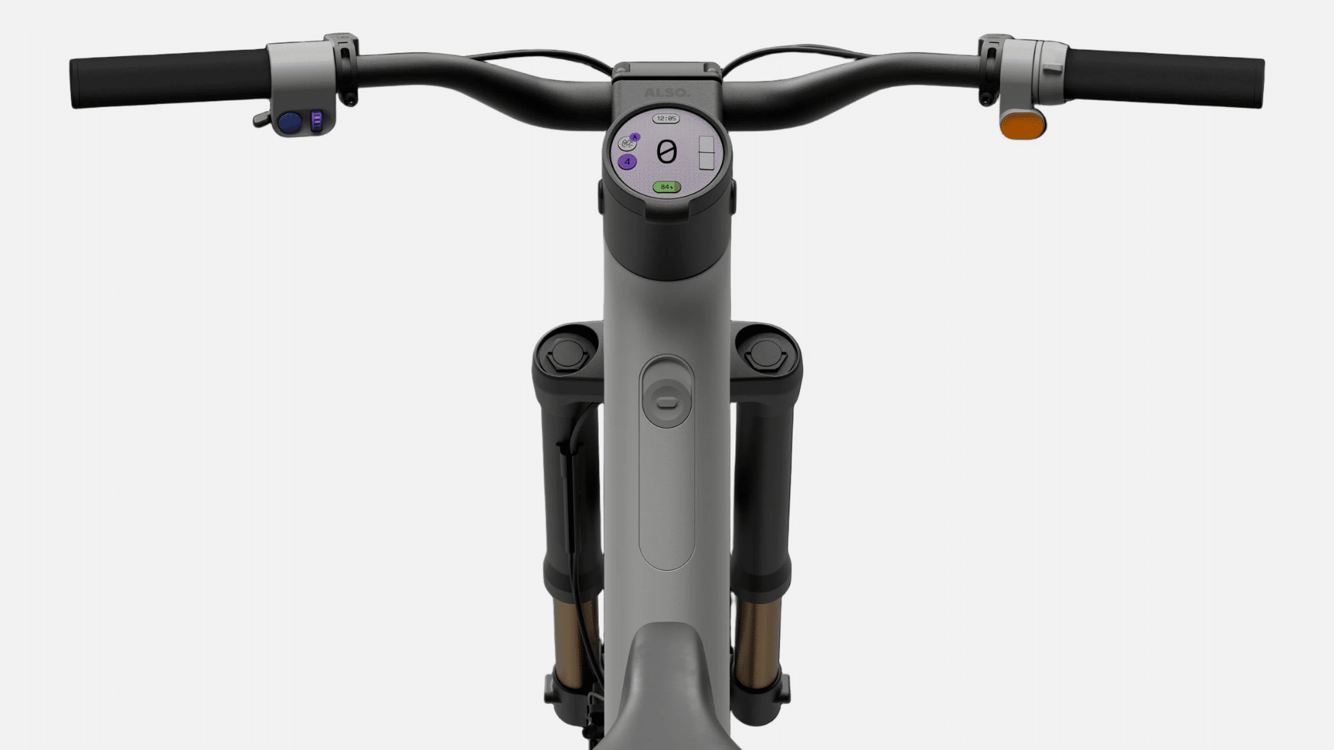 Vue du poste de pilotage de l’Also TM-B de Rivian avec écran rond et commandes au guidon.