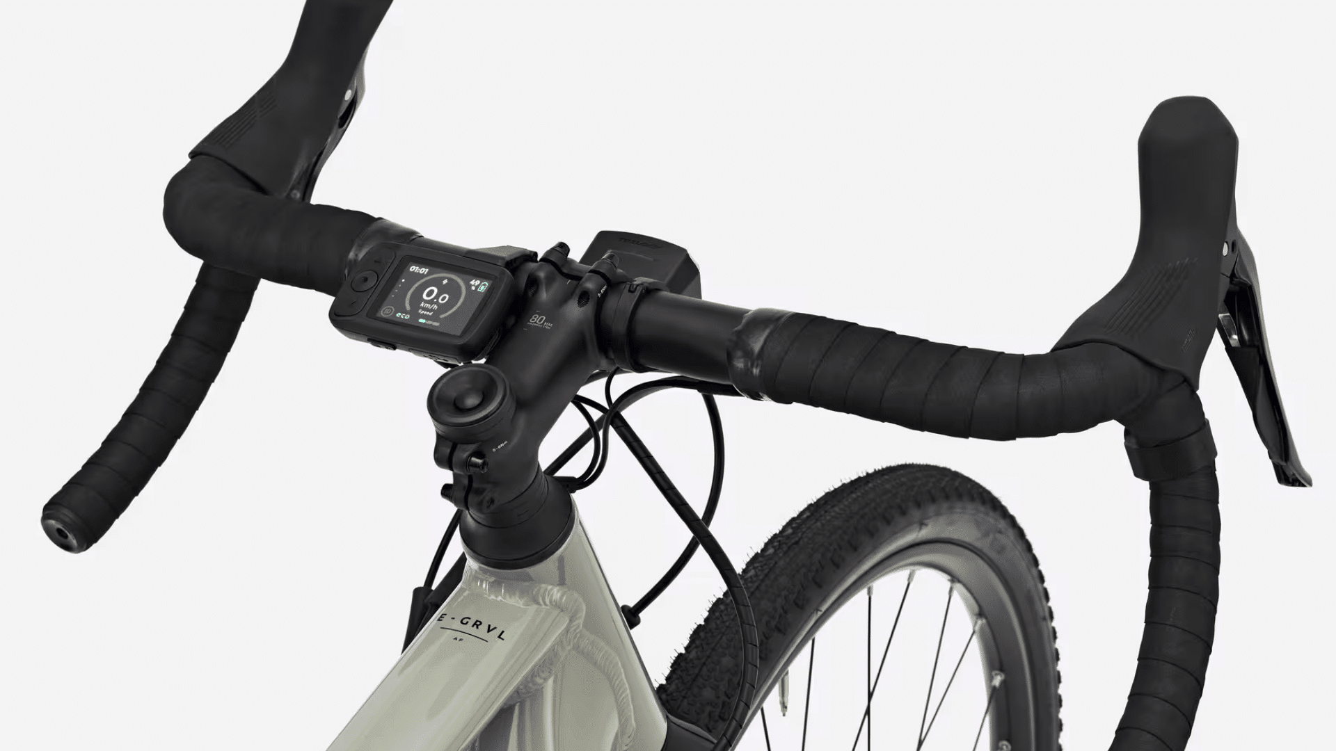 Guidon du Van Rysel E-GRVL AF Discover avec écran couleur et commandes d’assistance intégrées.