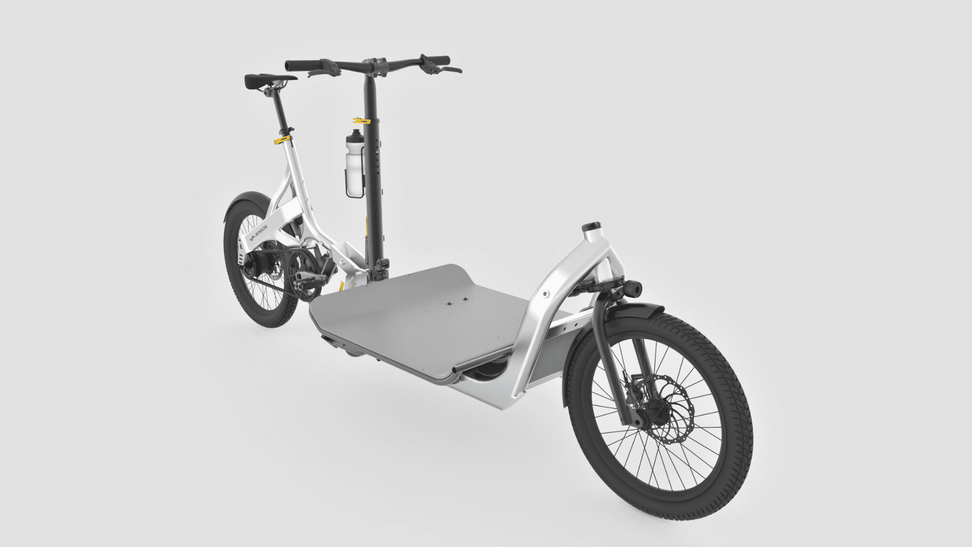 Vue avant du Fold Cargo Bike avec sa grande plateforme de chargement, direction par câble et cadre blanc.