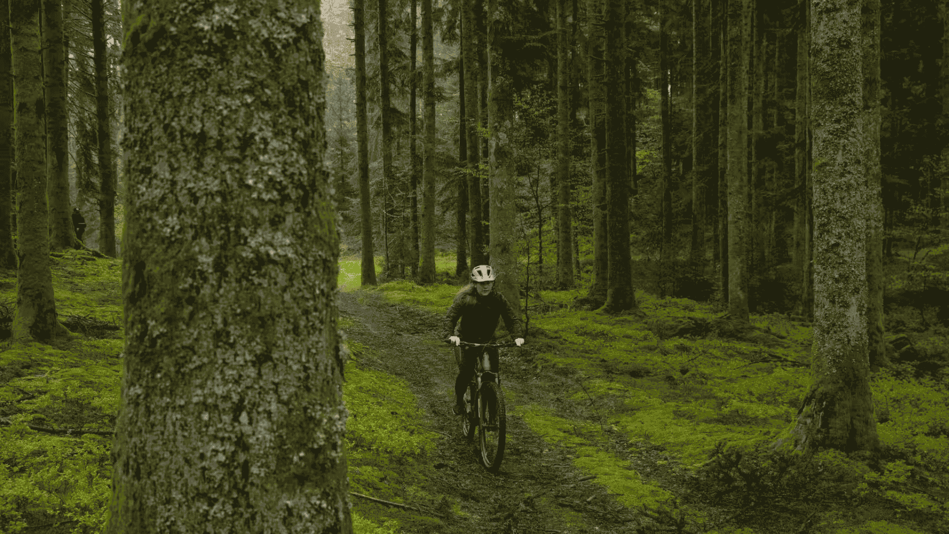Cycliste roulant en forêt sur un VTT électrique Lombardo pendant une sortie tout-terrain