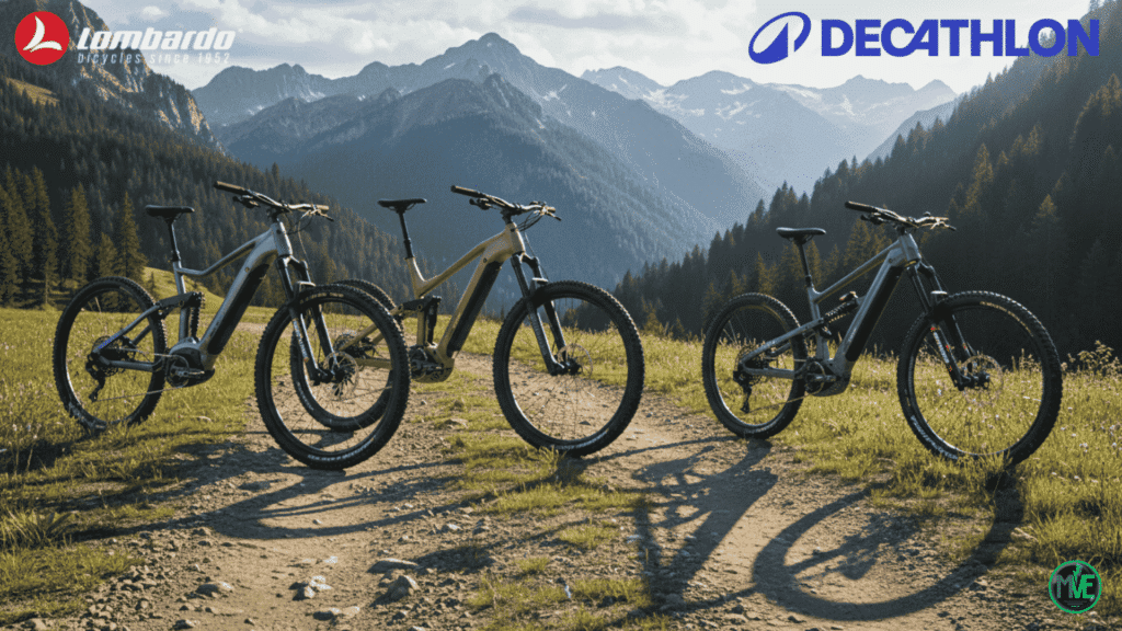 Trois VTT électriques Lombardo vendus par Decathlon sur un sentier de montagne, présentation des modèles Stilus