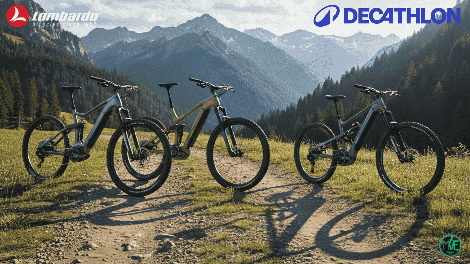 Trois VTT électriques Lombardo vendus par Decathlon sur un sentier de montagne, présentation des modèles Stilus