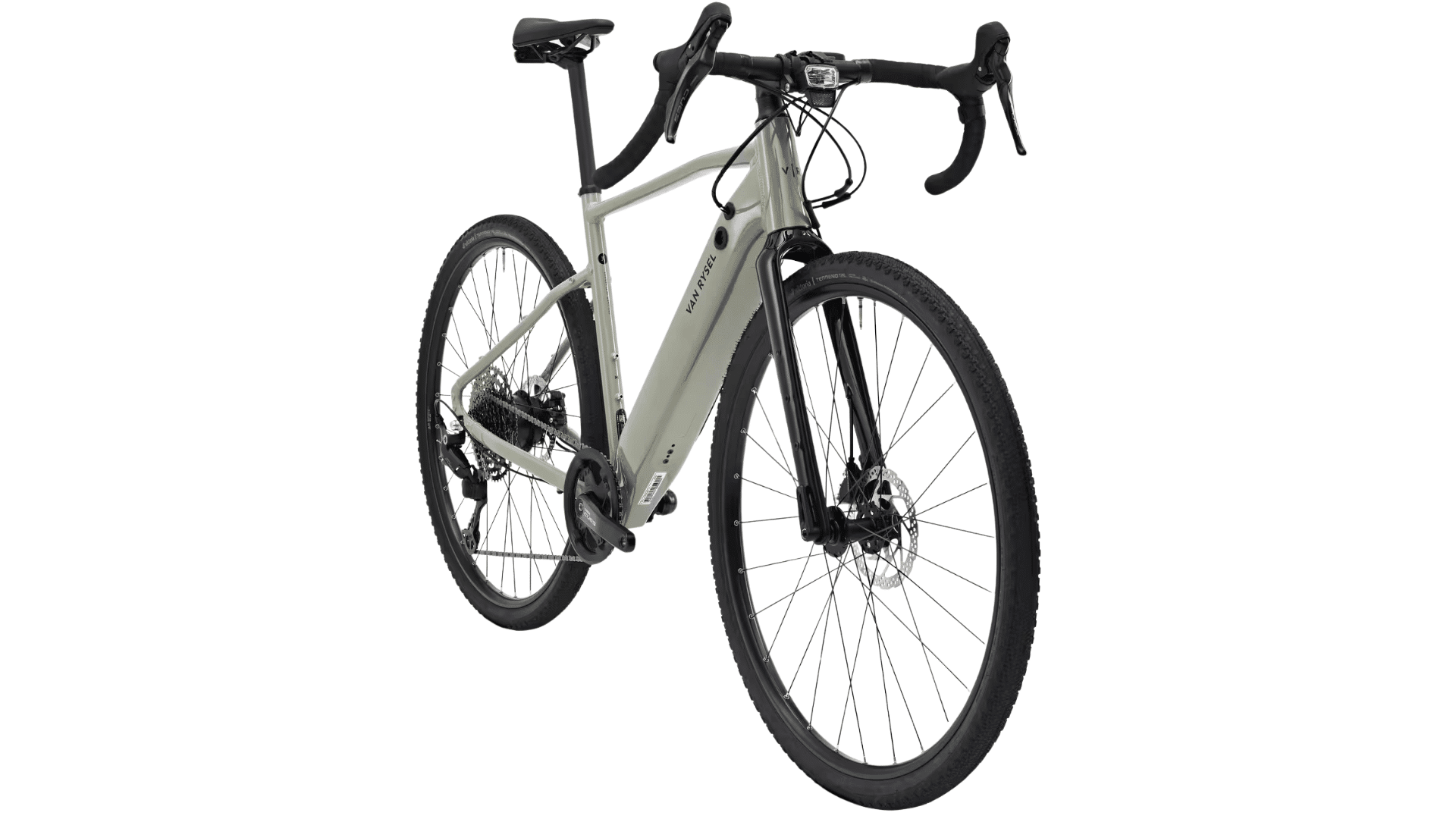Gravel électrique Van Rysel E-GRVL AF Discover de Decathlon, vue complète du cadre aluminium et fourche carbone sur fond blanc.