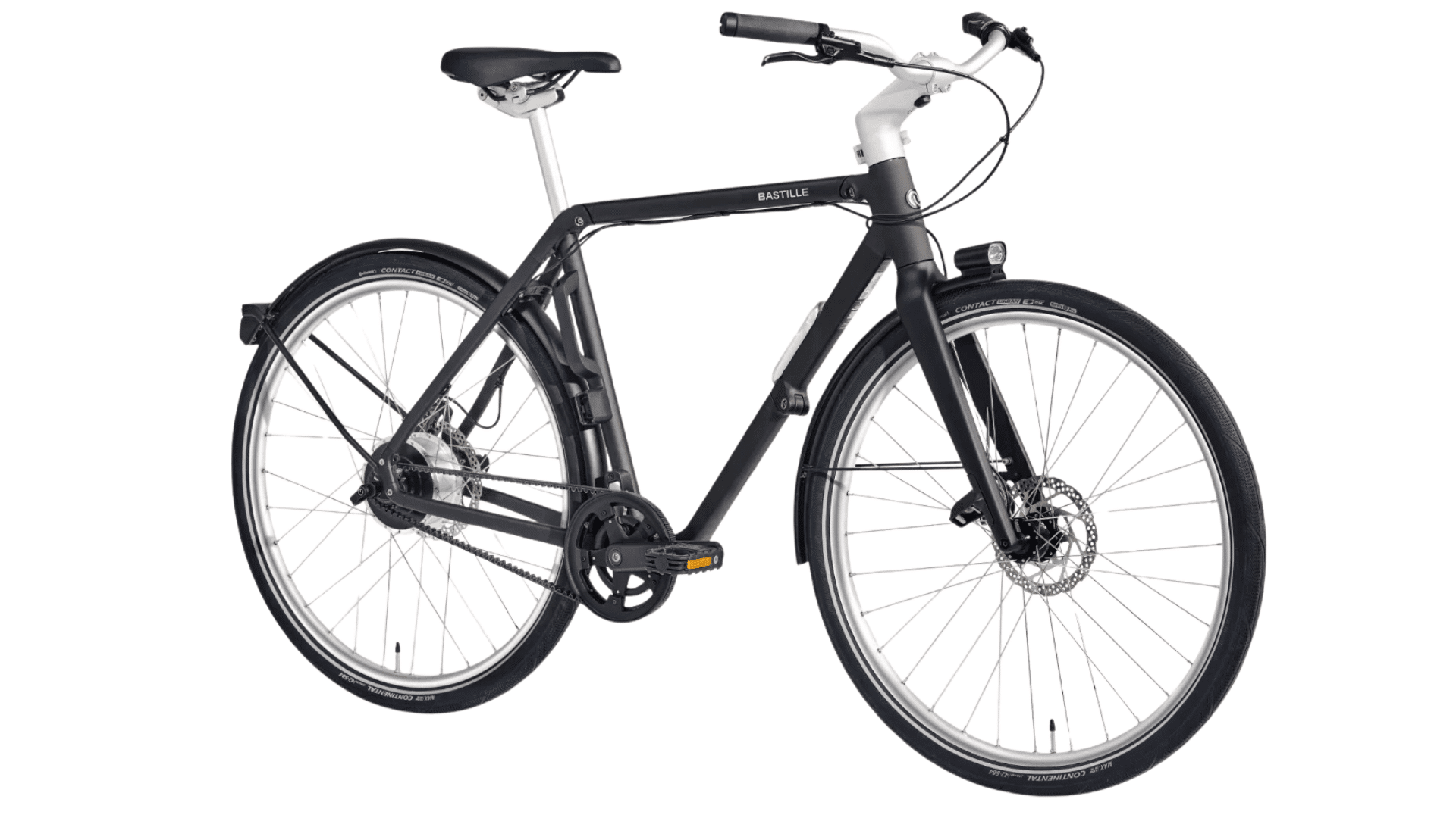 Vélo électrique pliant Bastille E déplié, grandes roues 27,5 pouces et design épuré en aluminium.