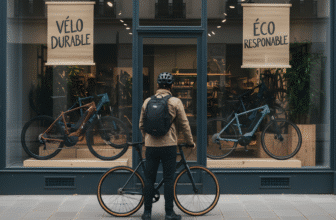 Cycliste observant une vitrine de vélos éco-responsables, illustrant la durabilité dans l’industrie du vélo.