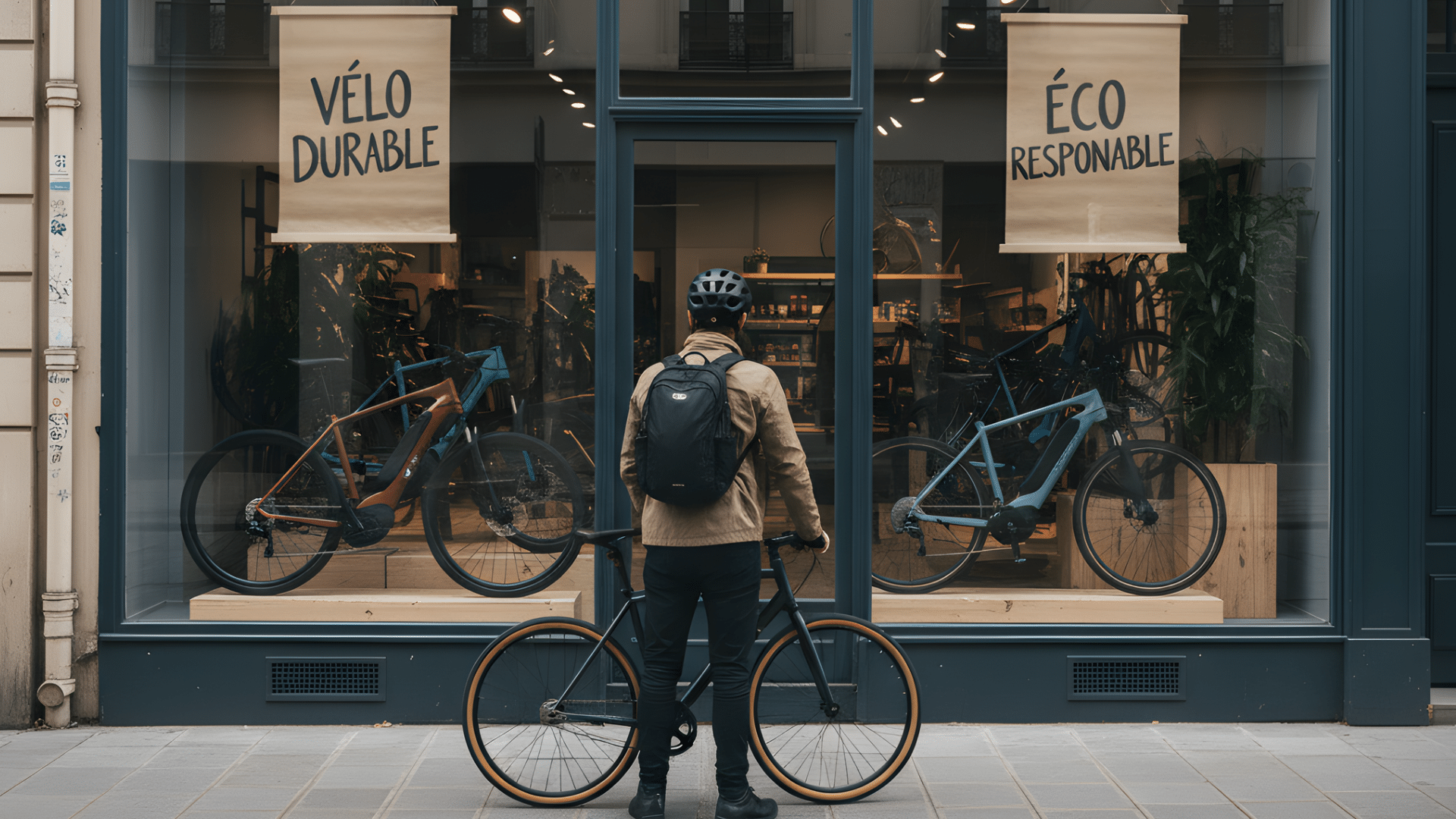 Cycliste observant une vitrine de vélos éco-responsables, illustrant la durabilité dans l’industrie du vélo.