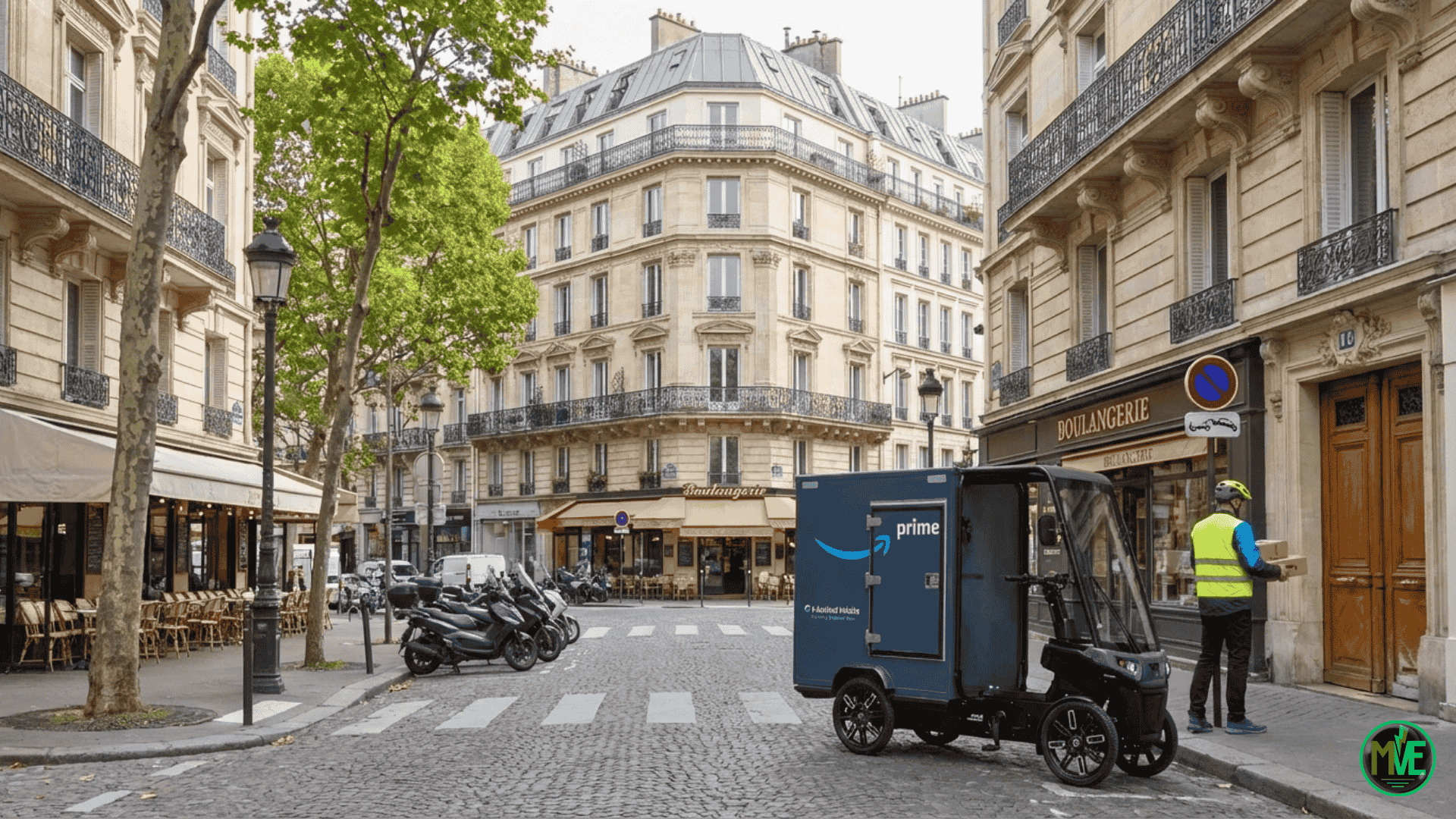 Vélo cargo Amazon effectuant une livraison dans une rue parisienne, illustrant l’essor de l’industrie du vélo cargo en 2025