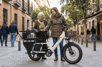 Deux femmes discutant autour du vélo cargo électrique Moma Bikes E-COMPACTAIL dans une rue piétonne.