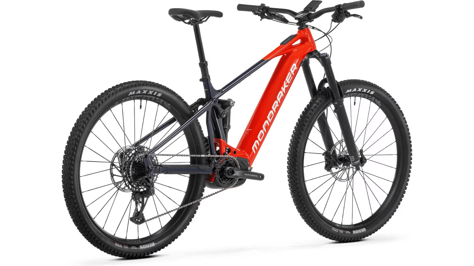 Mondraker Chaser R rouge, vue côté transmission et moteur Bosch, pneus Maxxis et roues Mavic