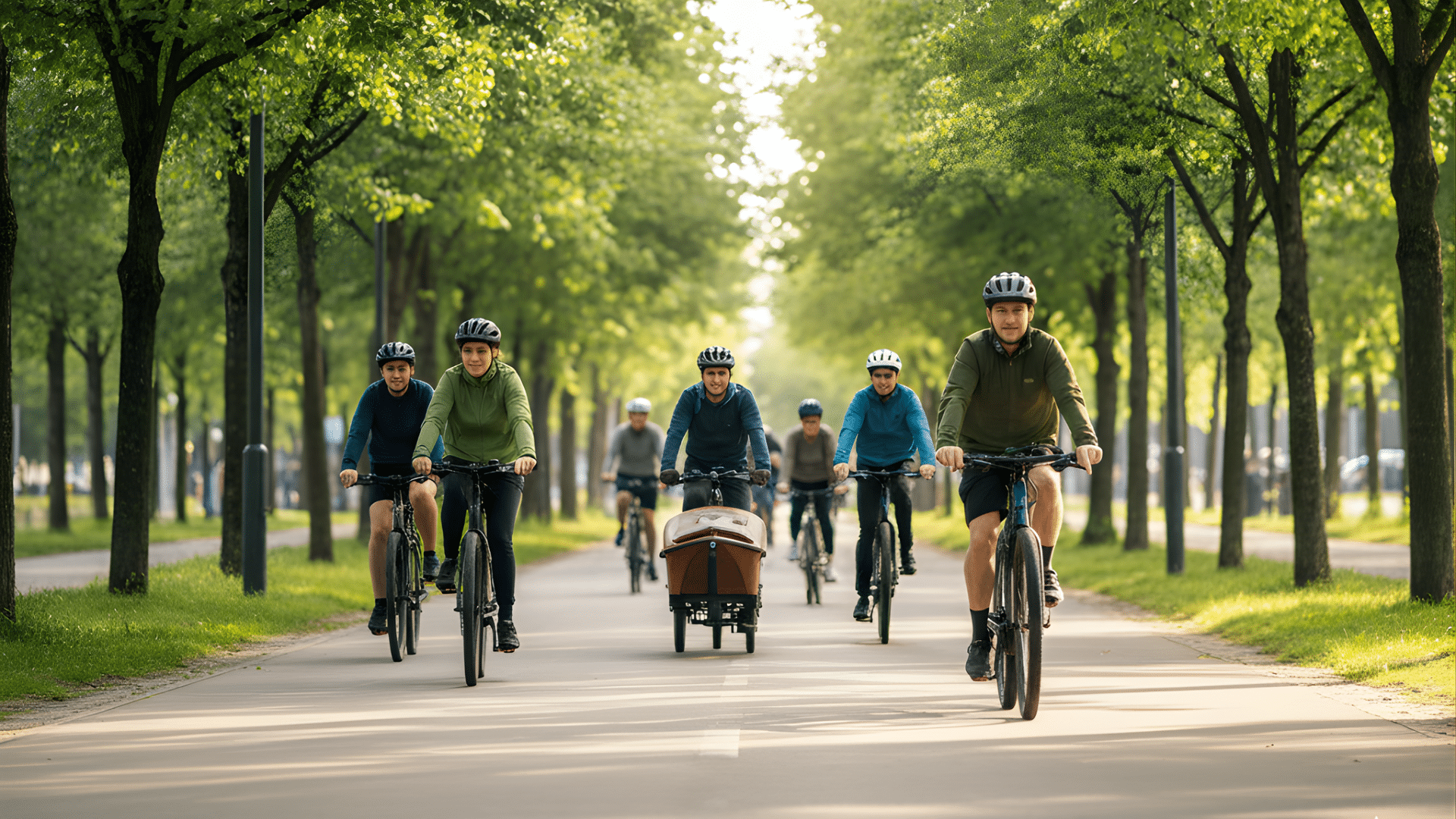 Cyclistes se promenant dans un parc, symbolisant la durabilité dans l’industrie du vélo.