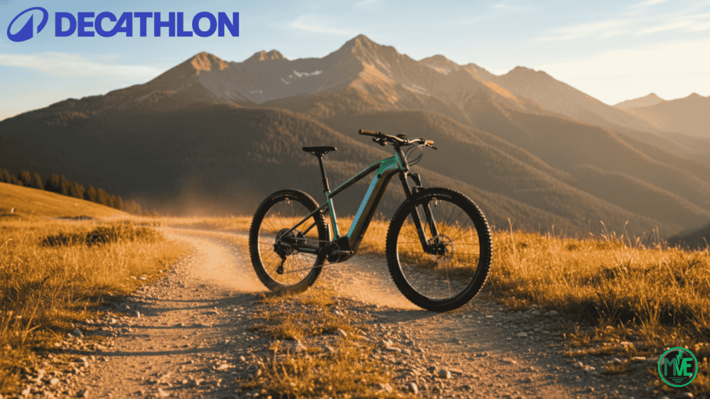VTT électrique Decathlon Rockrider E-EXPL 700 sur un chemin de montagne au coucher du soleil