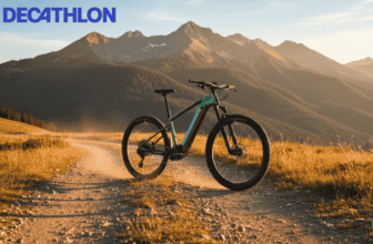 VTT électrique Decathlon Rockrider E-EXPL 700 sur un chemin de montagne au coucher du soleil