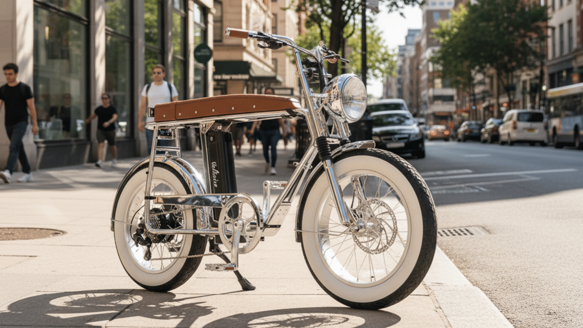 vélo électrique biplace Voltaire Paname au design rétro-moto, version chromée sur fond urbain parisien