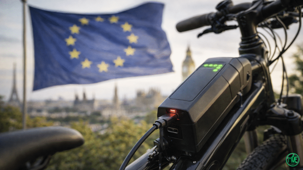 Vélo électrique branché à un chargeur, illustrant la fragmentation des systèmes de recharge et l’absence de standard commun en Europe