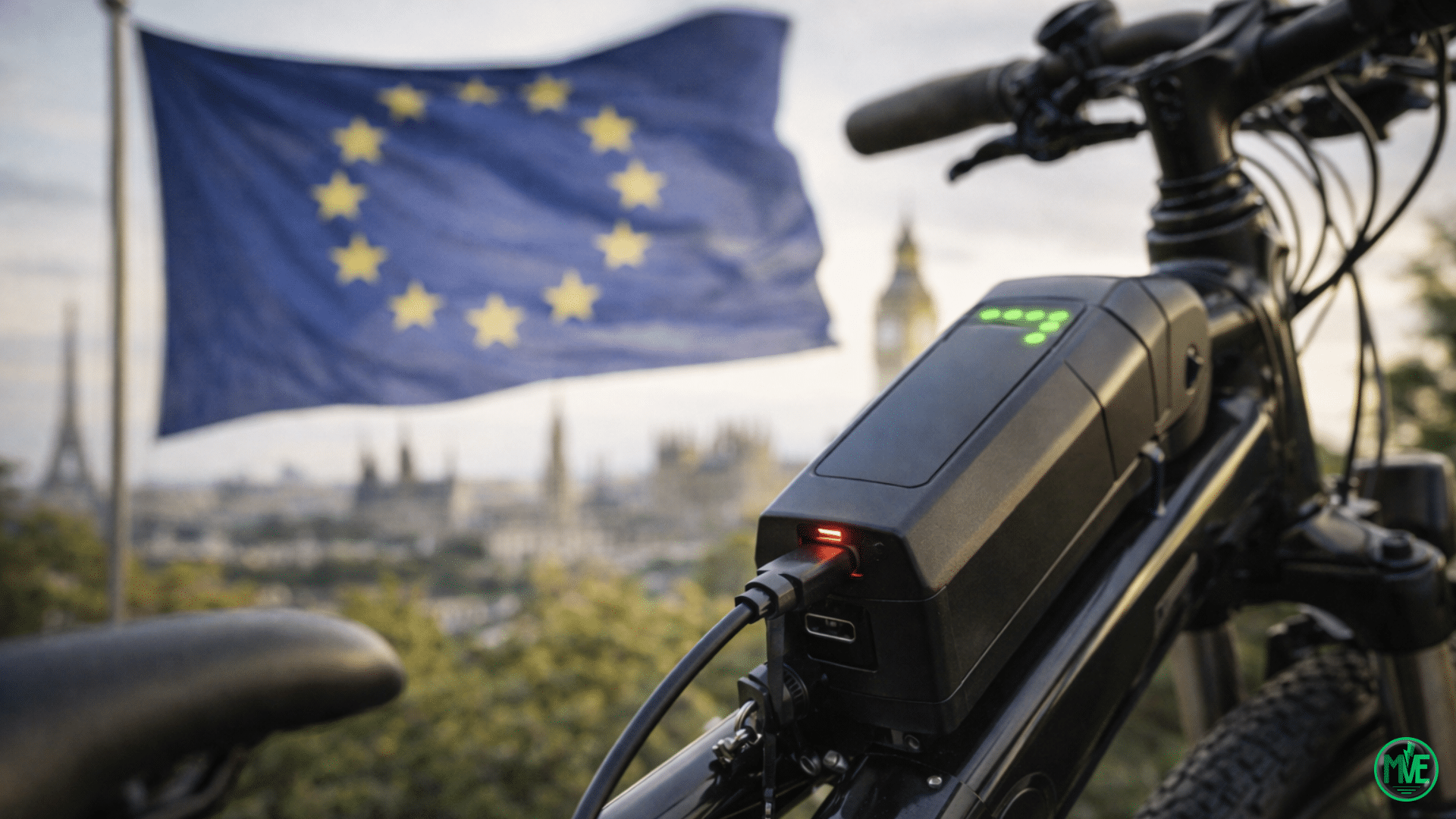 Vélo électrique branché à un chargeur, illustrant la fragmentation des systèmes de recharge et l’absence de standard commun en Europe