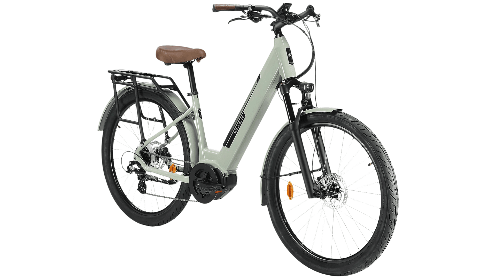 VTC électrique Nakamura CROSSOVER V LTD vu en entier, avec cadre bas, moteur central et équipements complets