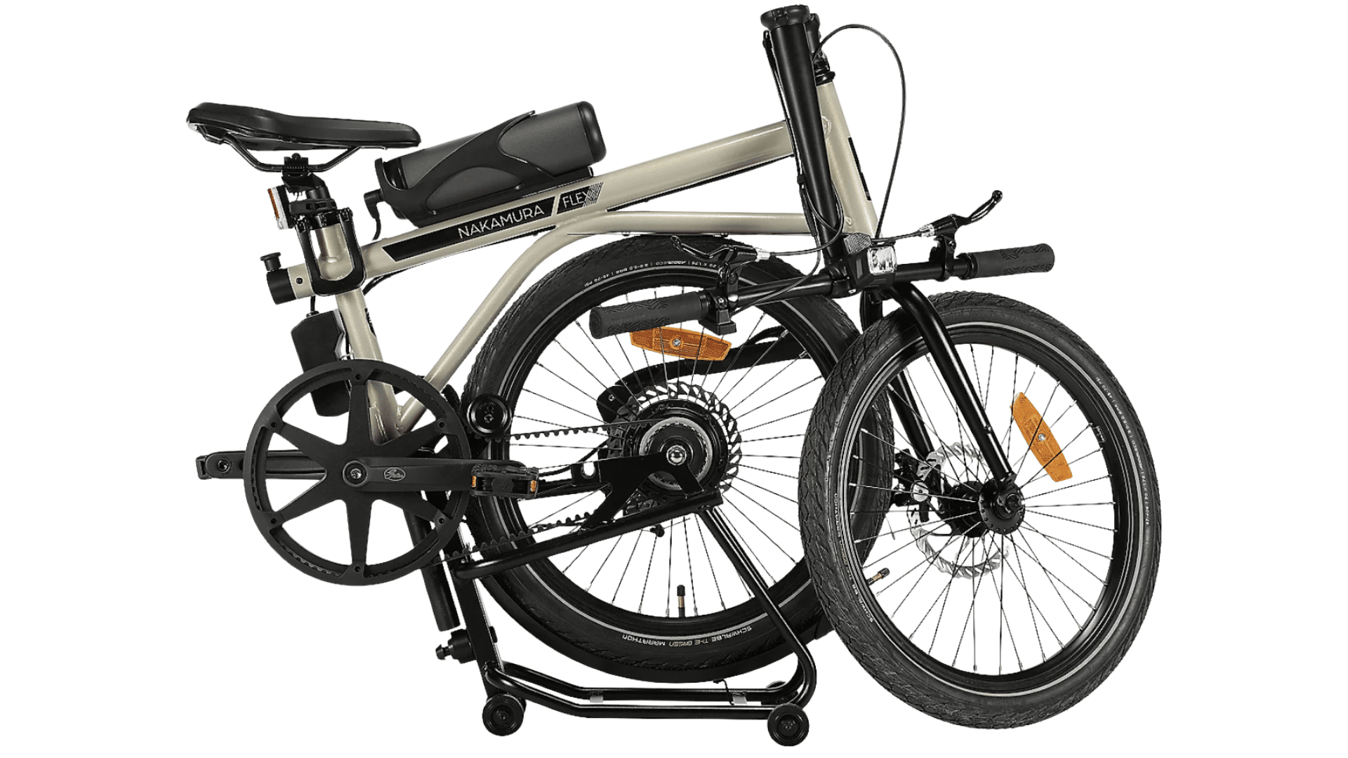 Vélo électrique pliant Nakamura Flexy Boost en mode plié pour un usage quotidien