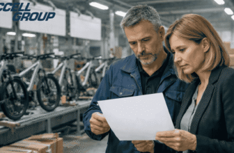 Deux responsables consultent un document dans une usine de vélos électriques Accell Group, avec une chaîne d’assemblage en arrière-plan.