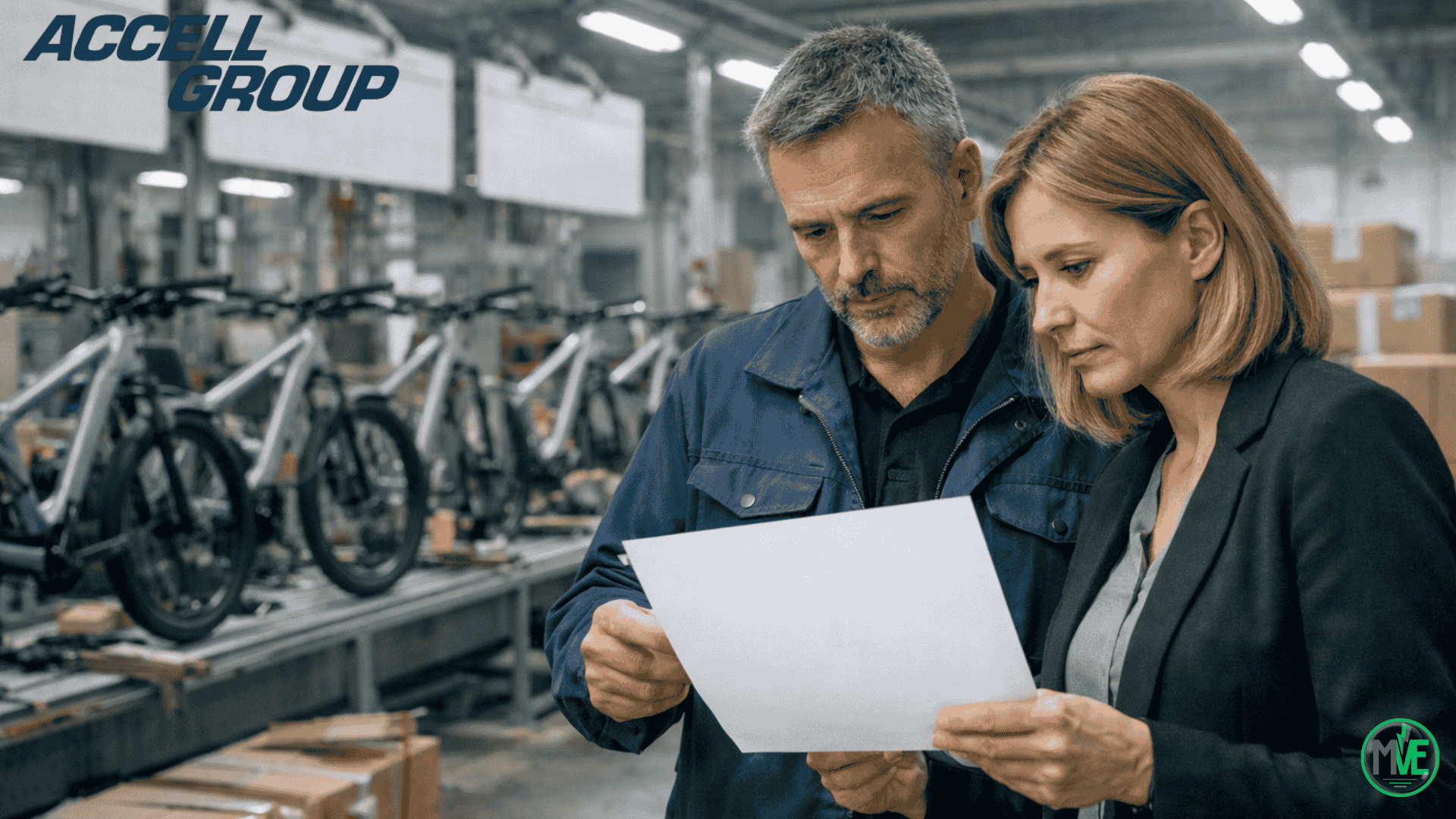 Deux responsables consultent un document dans une usine de vélos électriques Accell Group, avec une chaîne d’assemblage en arrière-plan.