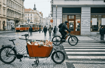 Vélo cargo électrique chargé de courses à Prague, symbole de l’évolution du marché tchèque du vélo électrique en 2026