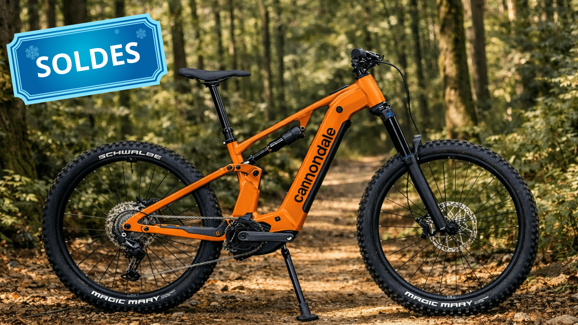 VTT électrique tout suspendu Cannondale Moterra 4 en forêt, moteur Bosch Performance Line CX et batterie 600 Wh