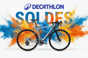 Visuel “Soldes Decathlon” avec un vélo de route électrique Van Rysel E-EDR AF sur fond de projections bleu et orange