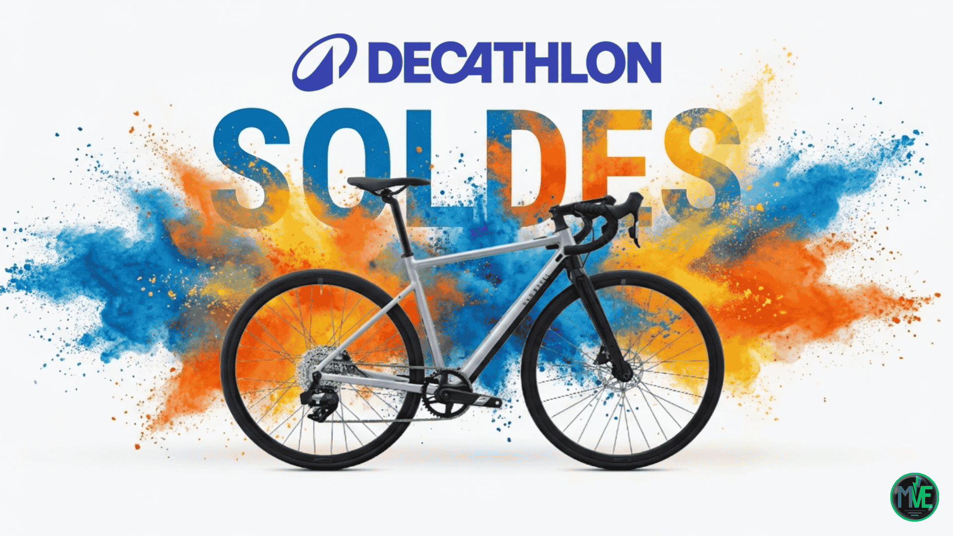 Visuel “Soldes Decathlon” avec un vélo de route électrique Van Rysel E-EDR AF sur fond de projections bleu et orange