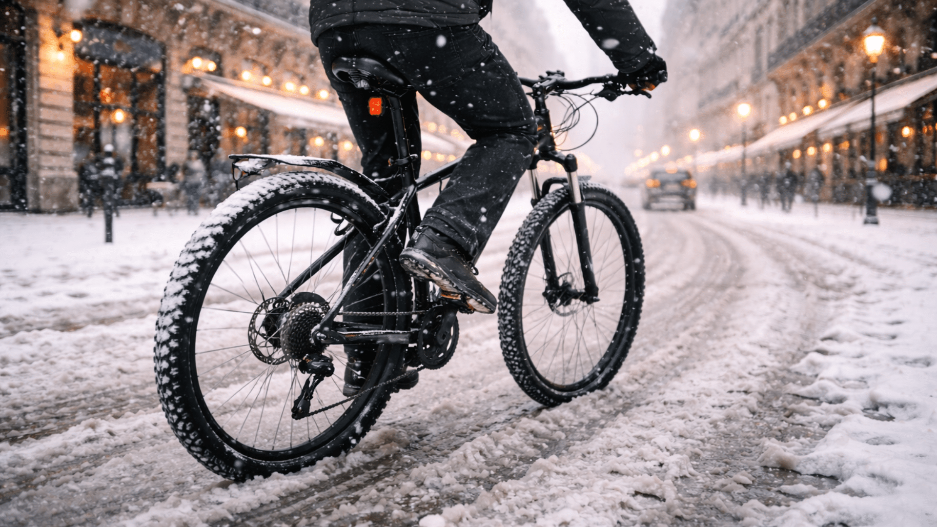 VTT roulant sur une route enneigée avec pneus larges pour conserver l’adhérence