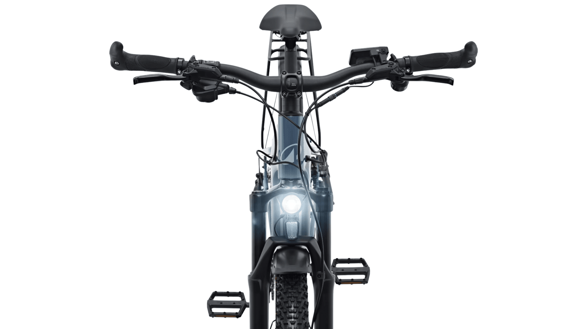 Guidon et cockpit du Rockrider E-EXPL 100 LTD avec écran LED et commandes d'assistance
