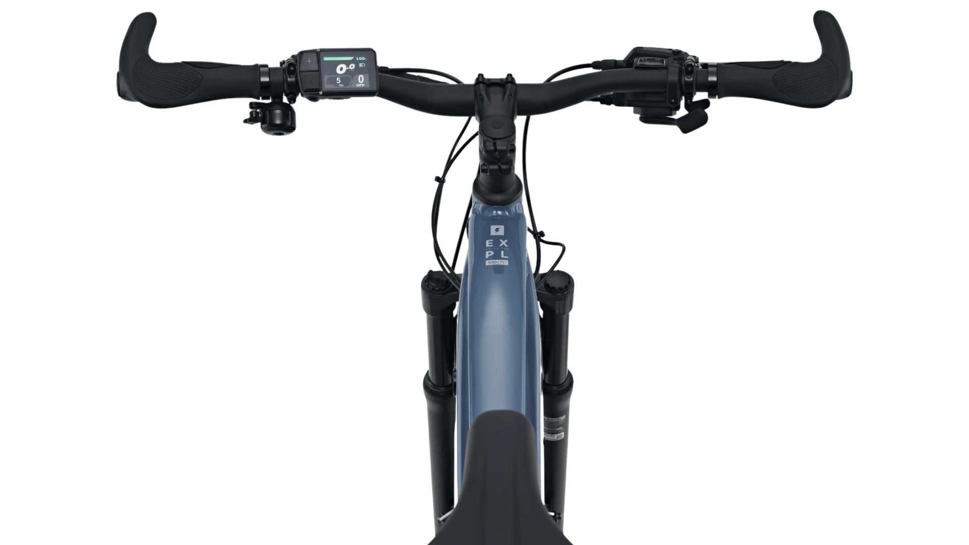 Vue plongeante sur le cadre aluminium et la batterie intégrée du VTC électrique Rockrider E-EXPL 100 LTD